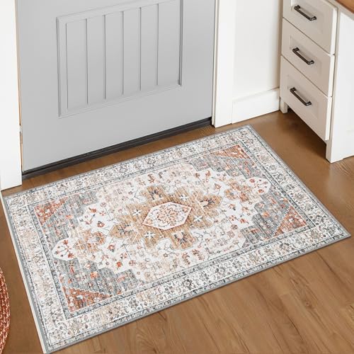 Moynesa Ultra-Thin Washable Entryway Rug 2x3 Rug, Small Kitchen Rugs for Entryway Indoor Non Slip, Vintage Throw Mat for Front Door Entrance Bathroom Laundry Room, Beige/Gold - color: Beige/Gold, size: 2' x 3'