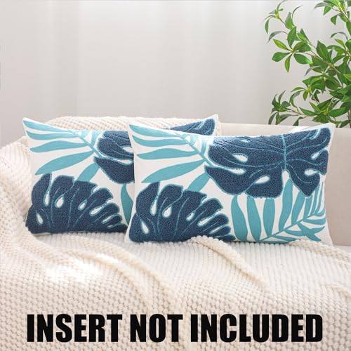 Embroidered Throw Pillow Covers 12x20 Pack of 2 Blue Botanical Tropical Leaf Pillow Covers Beach Ocean-Themed Decorative Cushions Case Farmhouse Boho Plant Tufted Pillowcases for Summer - color: Blue Tropical Leaf, size: 20" x 12" (Pack of 2)