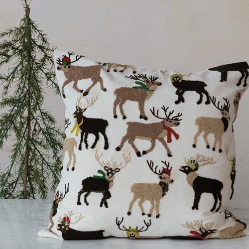 Creative Co-Op, Multicolor Square Cotton Slub Pillow with Tufted and Embroidered Reindeer
