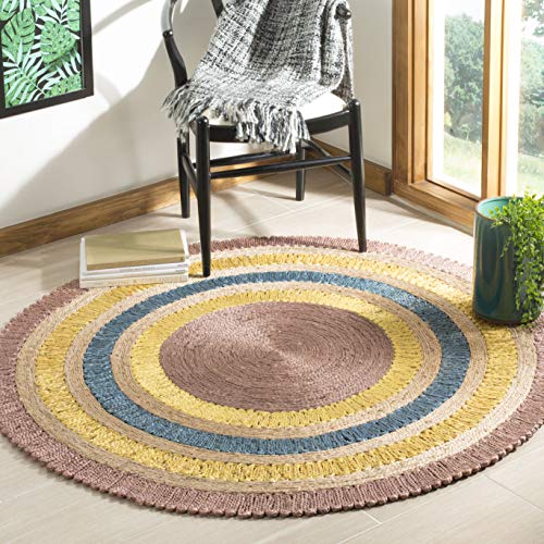 SAFAVIEH Natural Fiber Collection Area Rug - 7' Round, Lavender & Multi, Handmade Boho Charm Farmhouse Jute, Ideal for High Traffic Areas in Living Room, Bedroom (NF201A) - color: Lavender/Multi, size: 7' (Round)