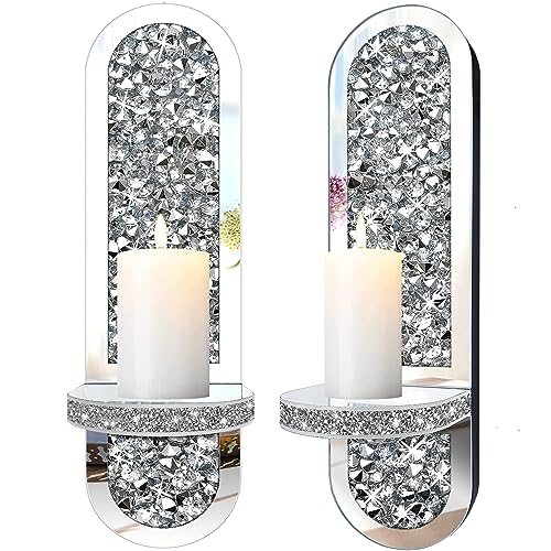 ZOLAPI Set of 2 Crystal Crush Diamond Candle Sconces, Gorgeous Silver Mirrored Wall Sconce,Oval Candle Holder Glass Wall Decorations for Home Décor, Living Room, Dining Room. - color: Silver Mirror ②