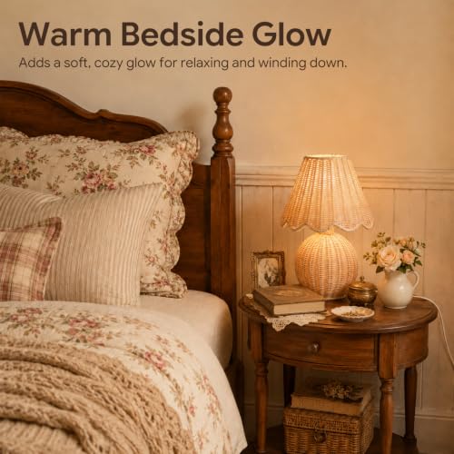 BySea Meadow Woven Desk Lamp, Natural Rattan Boho Nightstand Lamp for Bedroom, Hand-Woven Small Table Lamp with Warm Amber Glow, Rustic Bedside Light for Living Room, Nursery, 1.95m Long Cord