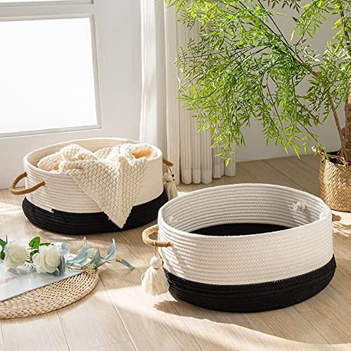 KAKAMAY Woven Baskets for Storage(16"x8"),Blanket Basket for Organizing Living Room,Cotton Rope Basket Woven Baby Laundry Hamper,Collapsible Laundry Room Organization,Clothes,Toy Chest(Black) - color: Black