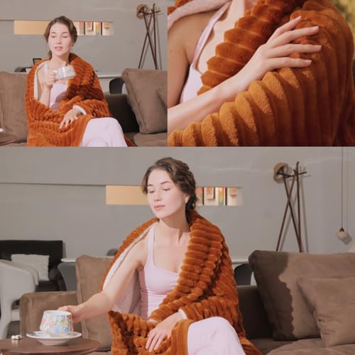 Burnt Orange Sherpa Fleece Throw Blanket 60”×80” for Couch Sofa Bed,Double Side Soft Cozy Plush Thick Flannel Blanket with Striped Design,Gift for Adults,Woman,Girls - color: Burnt Orange, size: 60×80inch