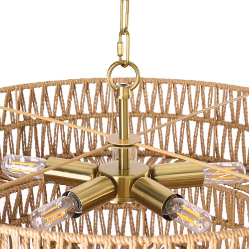 21.6 Inch Boho Rattan Chandelier, 5-Lights Hand Woven Bohemian Chandeliers with 2-Tier Drum Wicker Shade, Modern Farmhouse Large Pendant Light Fixture for Dining Room Living Entryway Bedroom - color: Gold Metal, size: 21.6 Inch