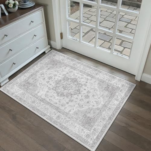 PureCozy Grey Gray Area Rug 2x3 Washable Vintage Small Carpet for Entryway Kitchen Soft Retro Low Pile Thin Door Mat Non Slip Oriental Medallion Throw Rug for Bathroom Office Bedroom Dining Room - color: Grey, size: 2' x 3' (Rectangular)
