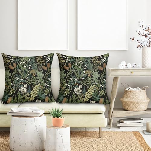Black Green Botanical Pillow Covers 18x18 Inch Dark Green Flower Vintage Plant Throw Pillows for Couch Farmhouse Cushion Covers Spring Summer Leaf Floral Pillow Cases for Bed Patio Outdoor Decor Set 2 - color: S-black Green Leaf, size: 18" x 18" (Pack of