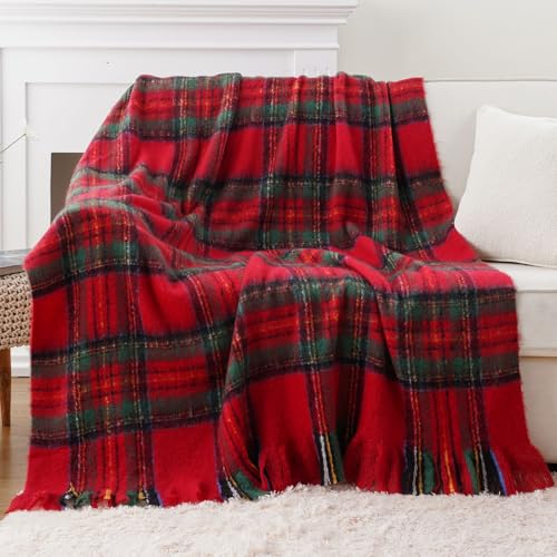Battilo Christmas Plaid Throw Blanket for Couch Bed, Mohair Red Tartan Plaid Blankets, Soft Cashmere Checkered Pattern, Red Christmas Throw Blankets for Home Decor (50"x60") - color: Christmas Red