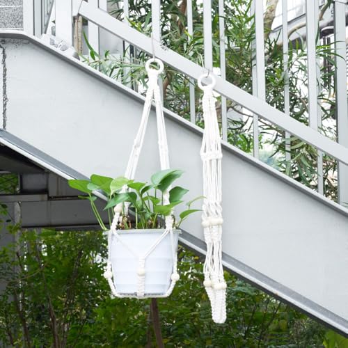 2Pcs Macrame Plant Hangers Indoor Outdoor Hanging Net Plant Basket with Wood Bead, Decorative Flower Pot Holders with 2Pcs S Hooks for Boho Home Room Balcony Garden Decor, Antique White - color: Antique White