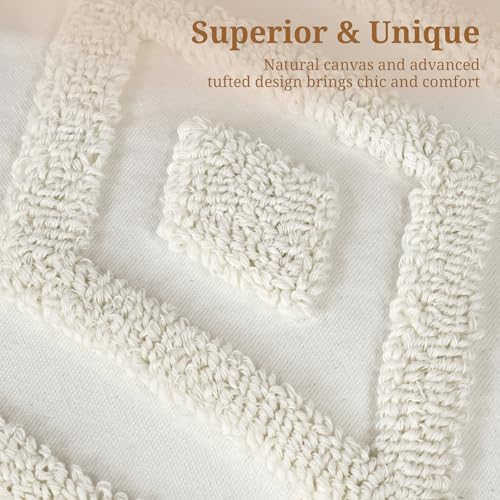 Boho Throw Pillow Covers 18x18 Inch with Tassels, White Tufted Square Bohemian Decorative Pillow Covers Set of 1, Farmhouse Woven Cushion Cases for Couch Sofa Bed Living Room Home Decor - color: Ivory Geo Tufted