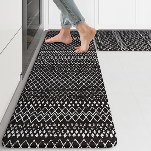 KIMODE Anti Fatigue Mats for Kitchen Floor 17"x47"+17"x29", Black Boho Distressed Kitchen Rugs Sets of 2, Cushioned Kitchen Floor Mats, Non Slip Standing Mats for Sink Laundry Room Decor Office Desk - color: Black Diamond, size: 17.3" x 47 "+ 17.3" x 29 "