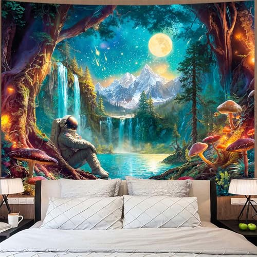 Zussun Mushroom Forest Tapestry Astronaut Nature Waterfull Snow Mountain Tapestry for Bedroom Aesthetic Fairy Moon Landscape Large Tapestries Wall Hanging for Dorm Living Room Decor 80 x 60 Inch - color: Cold Green, size: 80"L x 60"W