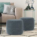 SIMPLIHOME Bayley Round Pouf - 20 inch Wide Handcrafted Braided Cotton Pouf in Aegean Blue and Natural, Transitional Footstool for Living Room or Bedroom with Polystyrene Filling, Assembled - color: Aegean Blue and Natural