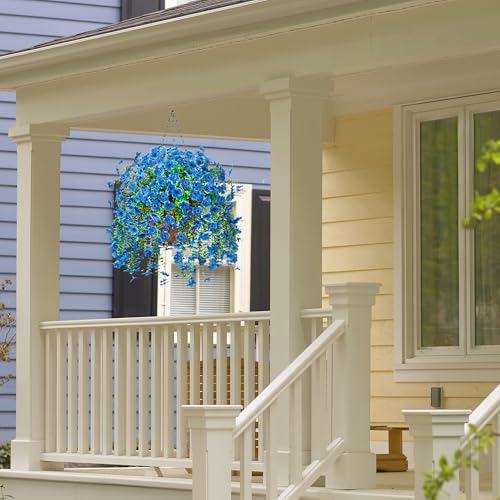Artificial Fake Hanging Flowers Plants with Basket Spring Outdoor Decor,Faux Silk Flowers with Eucalyptus in Planter No Fade Flower in Basket for Farmhouse Home Garden Porch Patio Balcony(Blue) - color: Blue
