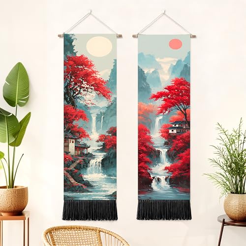 seewan 2 Pack Long Vertical Wall Tapestry, Boho Nature Landscape & Floral Aesthetic Wall Hanging for Bedroom Living Room Home Decor, Long Narrow Art Tapestry with Sunrise Mountain Botanical Designs, 13" × 51" (Crimson Forest Vista, 13"Wx51"H, Unframed) -