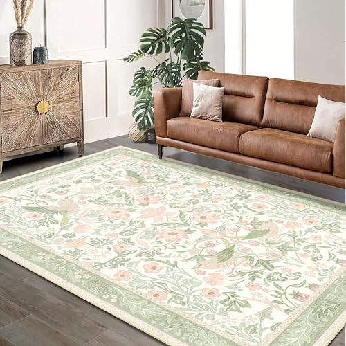 Green Rug 3'x5',Washable Area Rugs for Bedroom Living Room Entryway Bedside,Small Boho Farmhouse Bohemian Botanical Distressed Oriental Non Slip Carpet,Sage Floral Bird - color: Green Floral Bird, size: 3'x5'