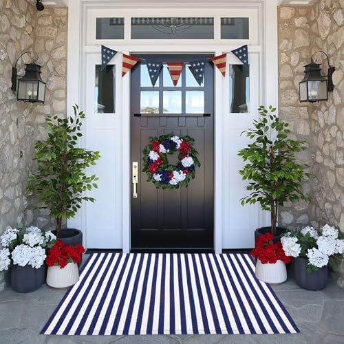 CAINANEL Blue and White Striped Rug 4th of July Door Mat 27.5"x43" Summer Front Porch Rug Independence Day Welcome Doormats for Farmhouse Entrance Porch Outdoors Decor(Blue and White, 27.5"x43") - color: Blue and White, size: 2'4" x 3'7" (Rectangular)