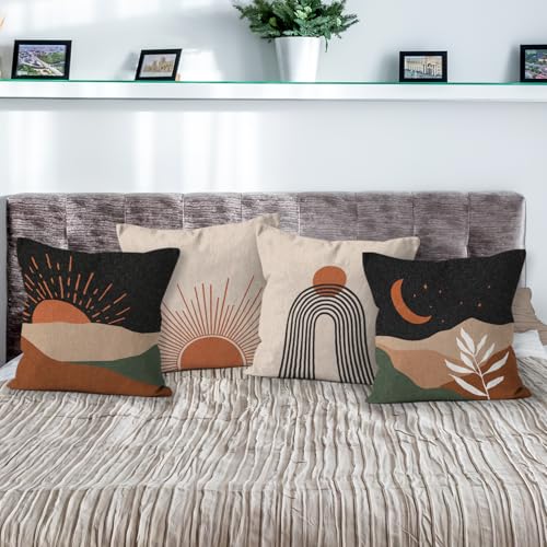 HIWX Boho Pillow Covers, Sun Moon Mountains Decorative Outdoor Throw Pillow Covers, Modern Sunshine Sunrise Landscape for Bedroom Home Decor - Set of 4, 18 x 18 - color: Black-boho-set of 4