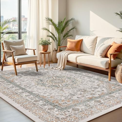 Beige & Orange Farmhouse Nursery Rugs 5x7, Neutral Stain Resistant & Non Slip Washable Cottage Area Rug for Living Room, Bedroom, Large Entryway, Dining Room Under Table - Faux Wool Distressed Print - color: Beige/Orange/Grey, size: 5' x 7' (Rectangular)