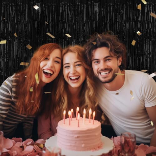 DECOCKRAT 3 Pack Foil Fringe Backdrop - Black Shiny Tinsel Curtains for Party Decoration/Photo Booth Props - 3.3x8.2 FT Metallic Foil Backdrop for Birthday, Wedding, Graduation, Christmas. - color: Black
