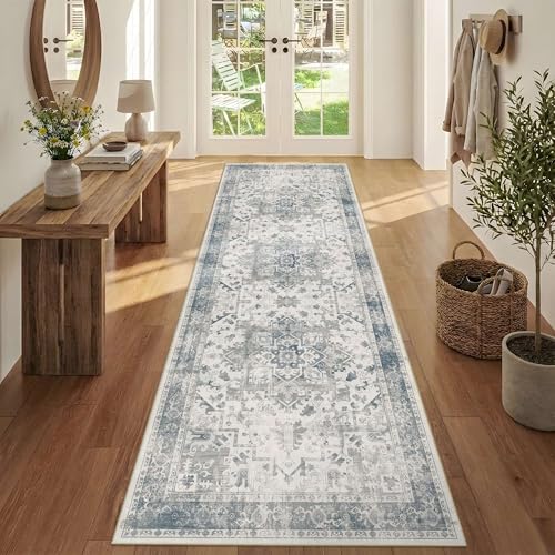 Rugxara 2'6" x 8' Hallway Runner Rug, Non Slip Boho Runner Rugs for Hallway, Kitchen, Entrance, Bathroom, Laundry Room, Soft Ultra-Thin Entryway Carpet, Throw Low Pile Retro Carpet, Blue/Grey - color: Blue & Grey, size: 2'6" x 8' (Runner)