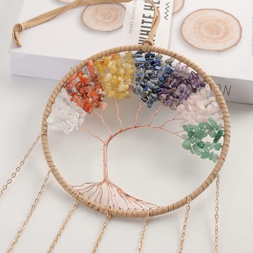 7 Chakra Wind Chimes Raw Stone Tree of Life Dream Catchers Hanging Ornament Natural Crystal Wind Chime for Home Garden Decoration(Gold) - color: Gold