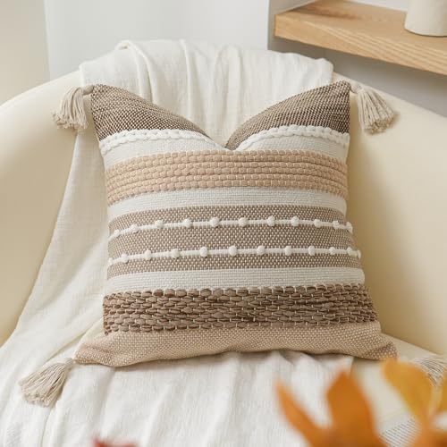 BlissBlush Brown Decorative Throw Pillow Cover 18x18 Square Boho Accent Pillowcase Tassels Farmhouse Cushion for Couch Sofa Bedroom Livingroom Home Décor Cover ONLY (Pack of 1) - color: Brown, size: 18" x 18" (Pack of 1)