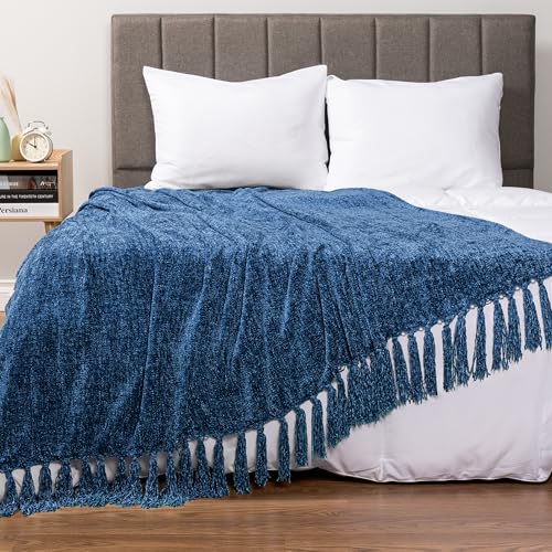 PAVILIA Blue Chenille Throw Blanket for Couch Sofa, Soft Knit Throw with Tassel, Decorative Blanket for Bed Chair Living Room, Blue 50x60 - color: Blue, size: 50 X 60 Inches - Throw