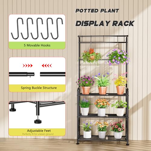 Plant Stand Indoor Outdoor Heavy Duty Metal - 56.4" Tall 3-Tier Shelf for Multiple Plants, Flowers, Rustproof Black Storage Rack for Patio, Balcony, Living Room, Garden, Includes Hooks&Adjustable Feet - size: A-3Tier-2Hanger