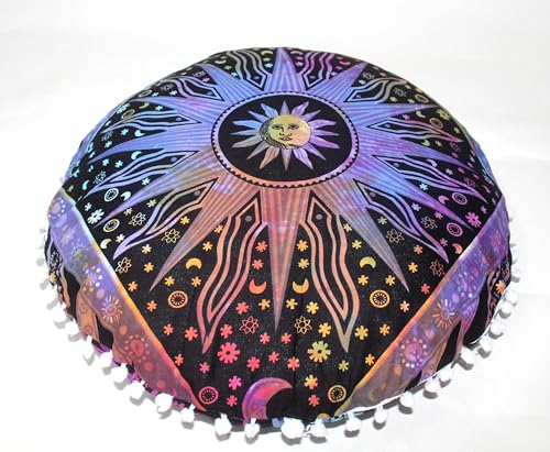 Multi Purple Burning Sun Round Mandala Floor Pillow Cover Seating Cushion Throw Cover Hippie Decorative Bohemian Ottoman Pouf Cover, Pom Pom Pillow Cases,Boho Indian 32 Inches - color: Multi Purple, size: 32" Round