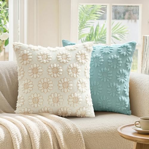 EMEMA Cream Floral Tufted Throw Pillow Covers, Set of 2 Soft Textured Decorative 12x20 Cushion Cases Bringing a Light, Cozy Layer to Sofa, Couch, Bedroom or Modern Farmhouse Living Room Décor - color: White-little Flower, size: 20" x 12" (Pack of 2)