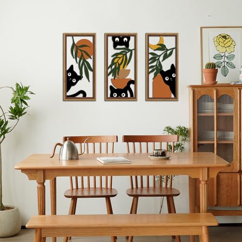 KAIRNE Boho Black Cat Wall Art,Green Leaves Wood Wall Decor Set of 3(16”X8”),Farmhouse Geometric Wooden Cat Wall Decor,Mid-Century Bohemian Moon Sun Design for Friends Family Bedroom Living Room Decor - color: Cat Boho, size: 8"L x 16"W