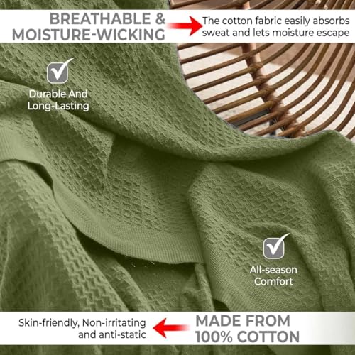 100% Cotton Blankets for Bed - Waffle Weave Blankets for Summer, Lightweight and Breathable Soft Woven Blanket for Spring (Olive Green, King (90" x 108")) - color: Olive Green, size: King (90" x 108")