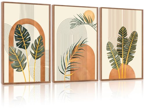 KAIRNE Boho Canvas Wall Art,Abstract Minimalist Room Decor,Tropical Botanical Wall Decor,Mid-Century Geometric Illustrations Set of 3(16”X24”),Botanical Print for Living Room Bedroom Dining Room Decor - color: Boho Botanical(medium), size: 16"Lx24"W