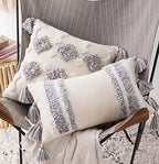 Boho Tufted Lumbar Throw Pillow Covers - Farmhouse Neutral Decorative Cushion Cover with Tassels - Rectangular Woven Pillow Covers for Couch Living Room Sofa (12X20 inch, Vertical Stripe)