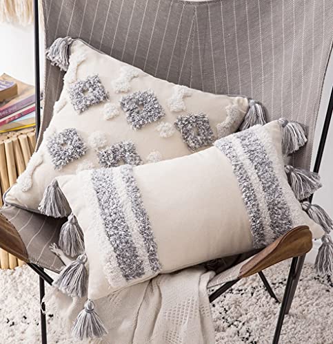 Boho Tufted Lumbar Throw Pillow Covers - Farmhouse Neutral Decorative Cushion Cover with Tassels - Rectangular Woven Pillow Covers for Couch Living Room Sofa (12X20 inch, Vertical Stripe)