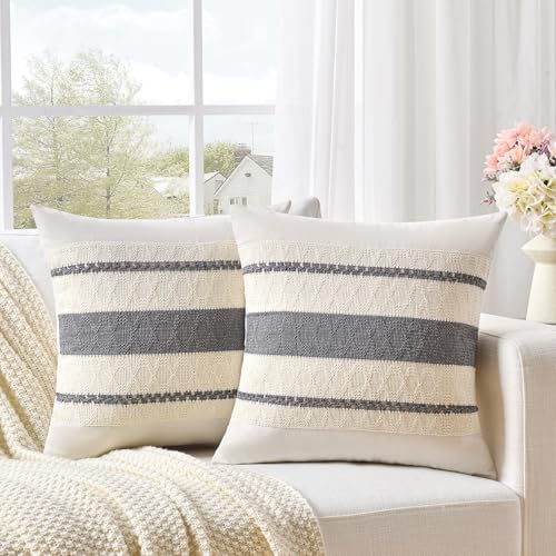 Fancy Homi Set of 2 Neutral Grey Farmhouse Decorative Throw Pillow Covers 16x16 Inch for Couch Bed Chair Indoors, Vintage Country Rustic Retro Room Decor, Soft Thick Cotton Handmade Woven Cushion Case - color: Gray, size: 16" x 16" (Pack of 2)
