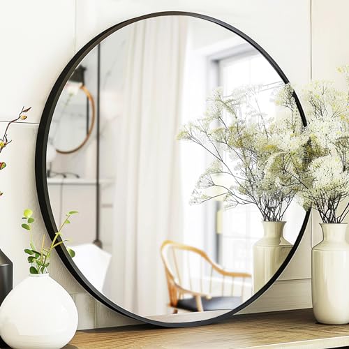 Sunniry Black Round Mirror, Round Mirror 24 inch, Black Circle Mirrors Matte Metal Frame, Wall Mounted Mirrors for Living Room, Bathroom, Wall, Entryway. - color: Black, size: 24"L x 24"W