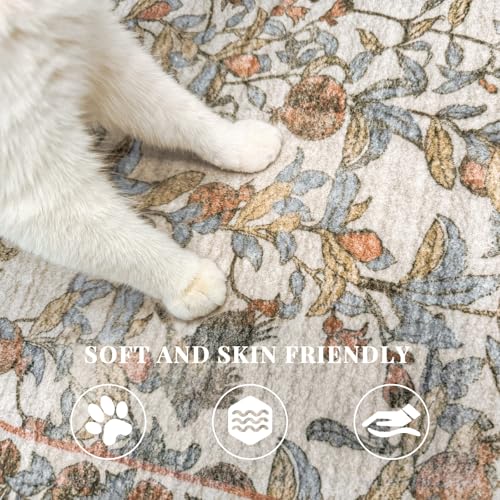 jinchan Eden Floral Area Rug 2x3 Entryway Vintage Washable Indoor Doormat Accent Rug Lightweight Soft Small Non-Slip Low-Profile Distressed Orange Fall Decor Carpet for Kitchen Bedroom Bathroom - color: Eden Orange, size: 2' x 3' (Rectangular)