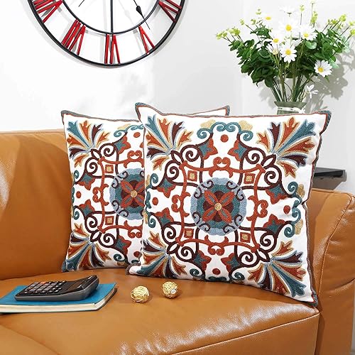 Throw Pillows Cover for Couch 18x18 inches Set of 2 Embroidered Pattern Decorative Pillow Case Covers for Living Room Sofa Bed Chair - color: 2pk-tan&brown&teal