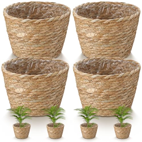 4 Pcs Straw Plant Baskets Indoor Rattan Woven Flower Baskets with Plastic Liner, Cattail Plant Planter for Indoor Outdoor Rustic Boho Home Farmhouse Floor Potted Pots Decor - color: Natural, size: L(7.09" Top D X 6.3" Bottom D X 6.3"h), style: Cattail