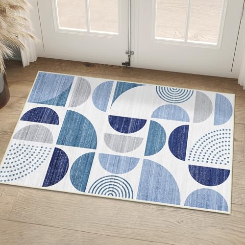 MUJOO Blue Small Rug Washable,2x3 Area Rugs for Entryway Bathroom Entry Entrance Bedroom Kitchen,Front Door Mat Boho Throw Carpet Non Slip Indoor Soft Modern Abstract Navy Blue - color: Blue and Grey, size: 2' x 3' (Rectangular)