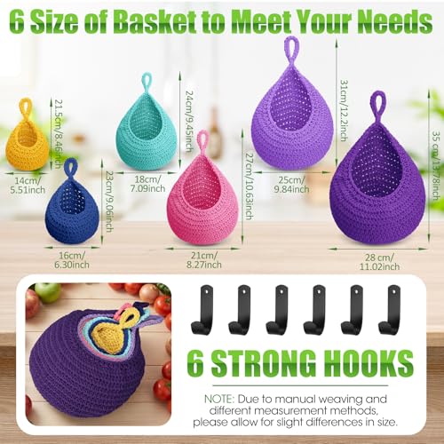 Honeydak 6 Pack Boho Hanging Wall Baskets for Kitchen, Teardrop Hanging Fruit Vegetable Basket with 6 Hooks, Cute Onion Storage Net for Camper, Bathroom, Entryway, Nursery, 6 Size(Mixed Bright Colors) - color: Mixed Bright Color