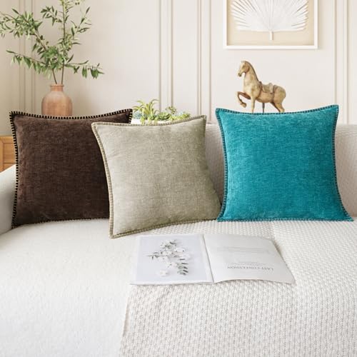 CaliTime Throw Pillow Covers Decorative 24 X 24 Inches Pack of 2 Cotton Thread Stitching Edges Solid Dyed Soft Chenille Cushion Cases for Couch Sofa Bed Living Room Farmhouse Light Taupe - color: Light Taupe, size: 24" x 24" (Pack of 2)