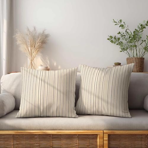 Pinstripe Throw Pillow Covers 18x18 Set of 2 | Black Beige Decorative Cushion Covers | Neutral Farmhouse Pillow Cases for Couch Sofa Bed Living Room - color: Ticking Stripe