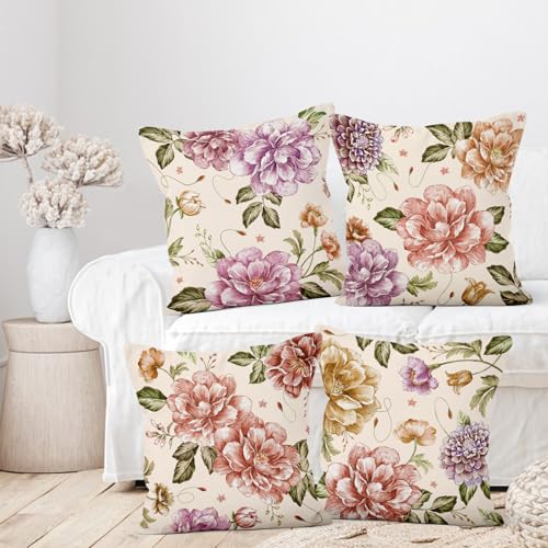 Pink Flower Throw Pillow Covers,Vintage Floral Decorative Velvet Pillow case,Rustic Flowers Pattern 4-Pack Double-Side Printed Pillowcases for Sofa Home Living Room, 16x16 in - color: Pink, size: 16" x 16" (Pack of 4)