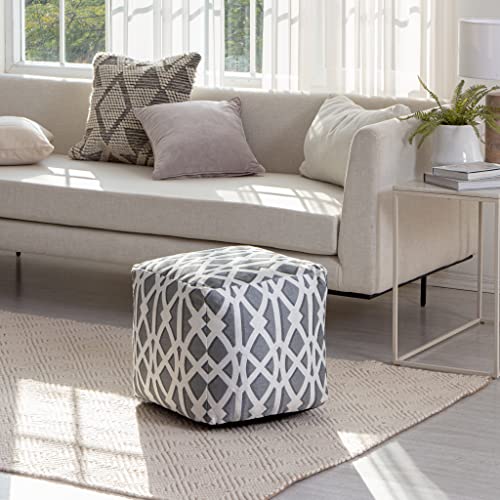 Anji Mountain Artisan Crafted Cotton Blend Pouf Ottoman | Versatile Floor Seating & Footstool for Living Room | Modern Boho Home Décor Accent | Filled Pouffe - color: Silvered Trellis