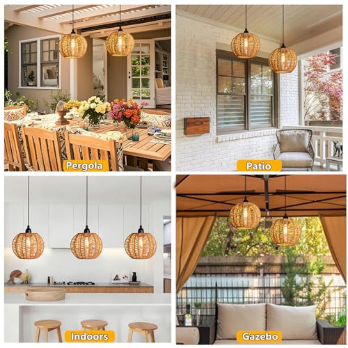 TWINKVILLA Battery Operated Chandelier, 2Pack Hanging Gazebo Lights, Cactus Shape Boho Rattan Pendant Lights Outdoor Waterproof for Patio Tree Pergola Porch and Indoor Decor