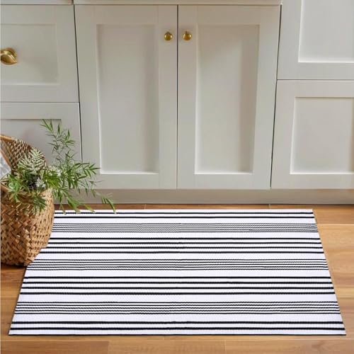 Black and White Striped Rugs, 28”x 43” Outdoor Indoor Front Porch Door Mats Cotton Hand-Woven Layered Area Rug Doormat for Entryway Patio Entryway Laundry Bedroom Living Room