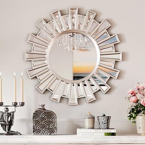 23.6" Sunburst Round Mirror, Silver Sun Decorative Wall Mirror, Design for Fireplace Mantel Foyer Entryway Bedroom, Modern Glam Sunflower Wall Art | Easy Hanging Wall Decor for Living Room - color: Sliver